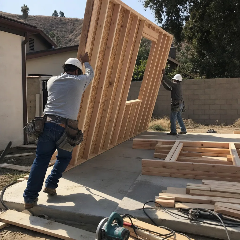 Two construction workers lifting a wooden wall frame for an ADU build