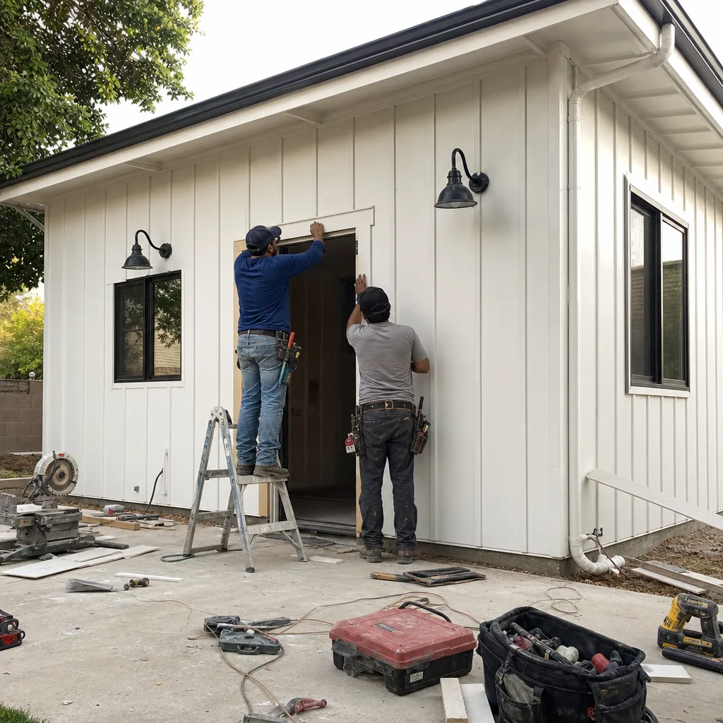 Two contractors installing door trim on a modern white accessory dwelling unit