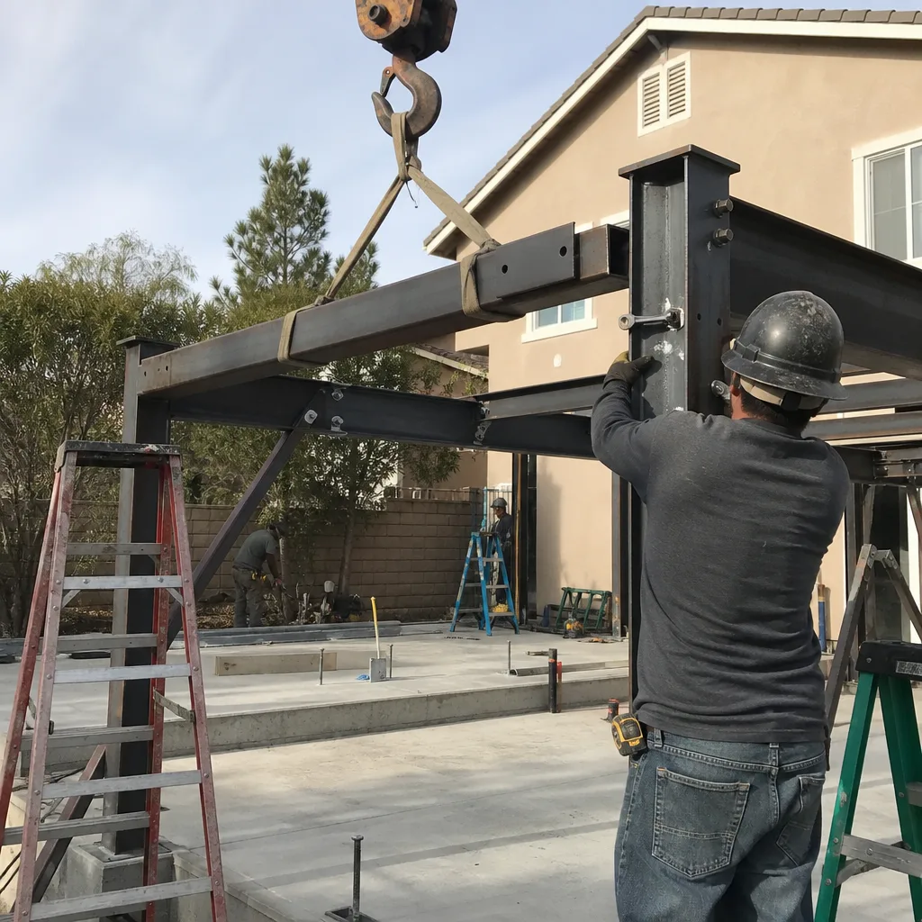 Construction worker installing steel beams for an ADU construction project