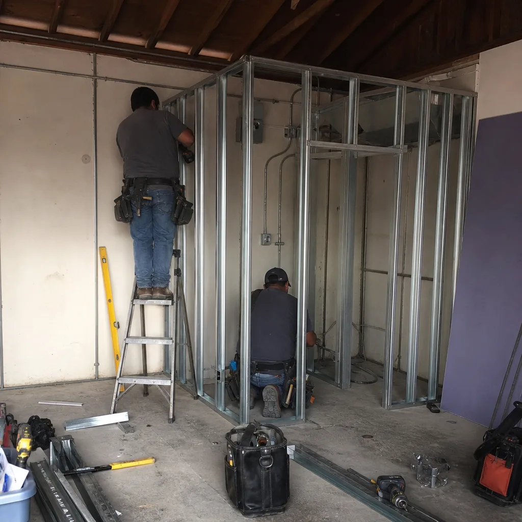 Two professional contractors assembling a steel frame for a garage conversion.