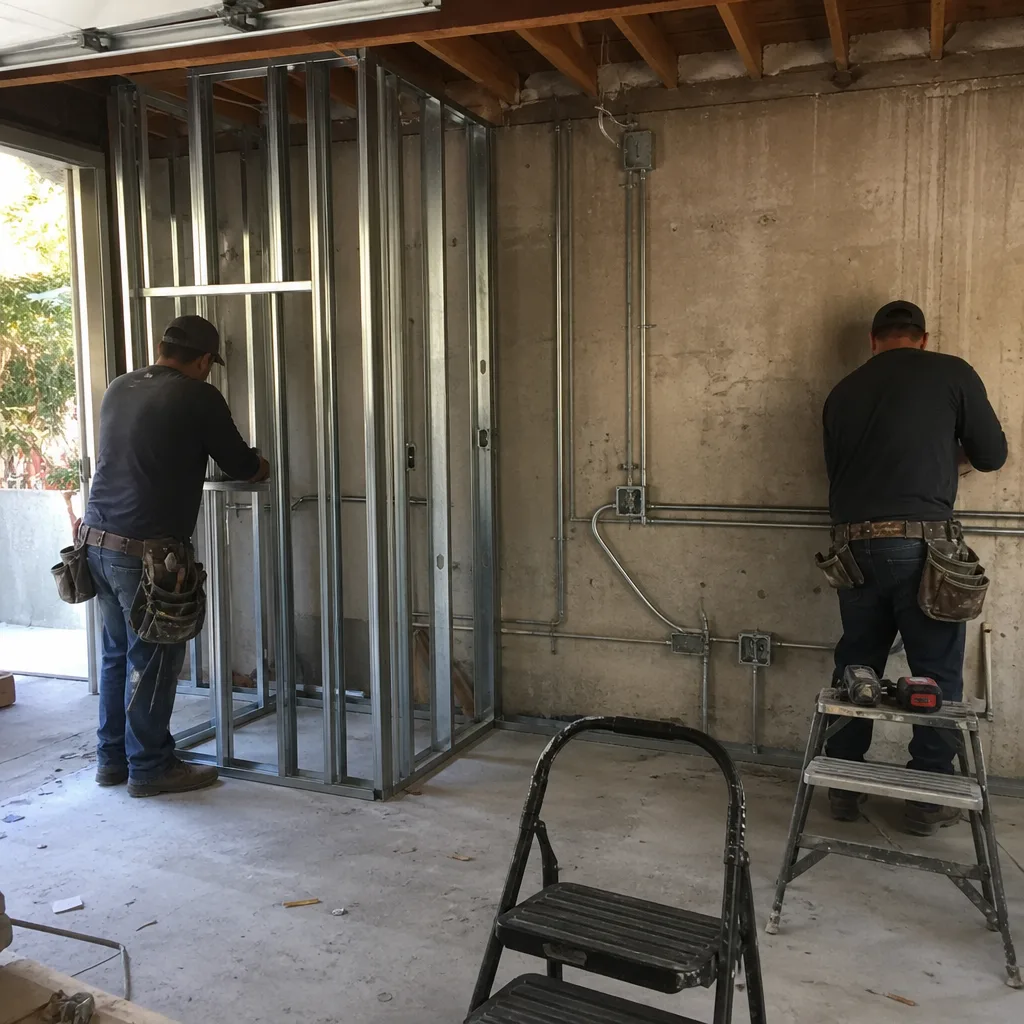 Contractors framing a metal stud wall during a garage conversion project