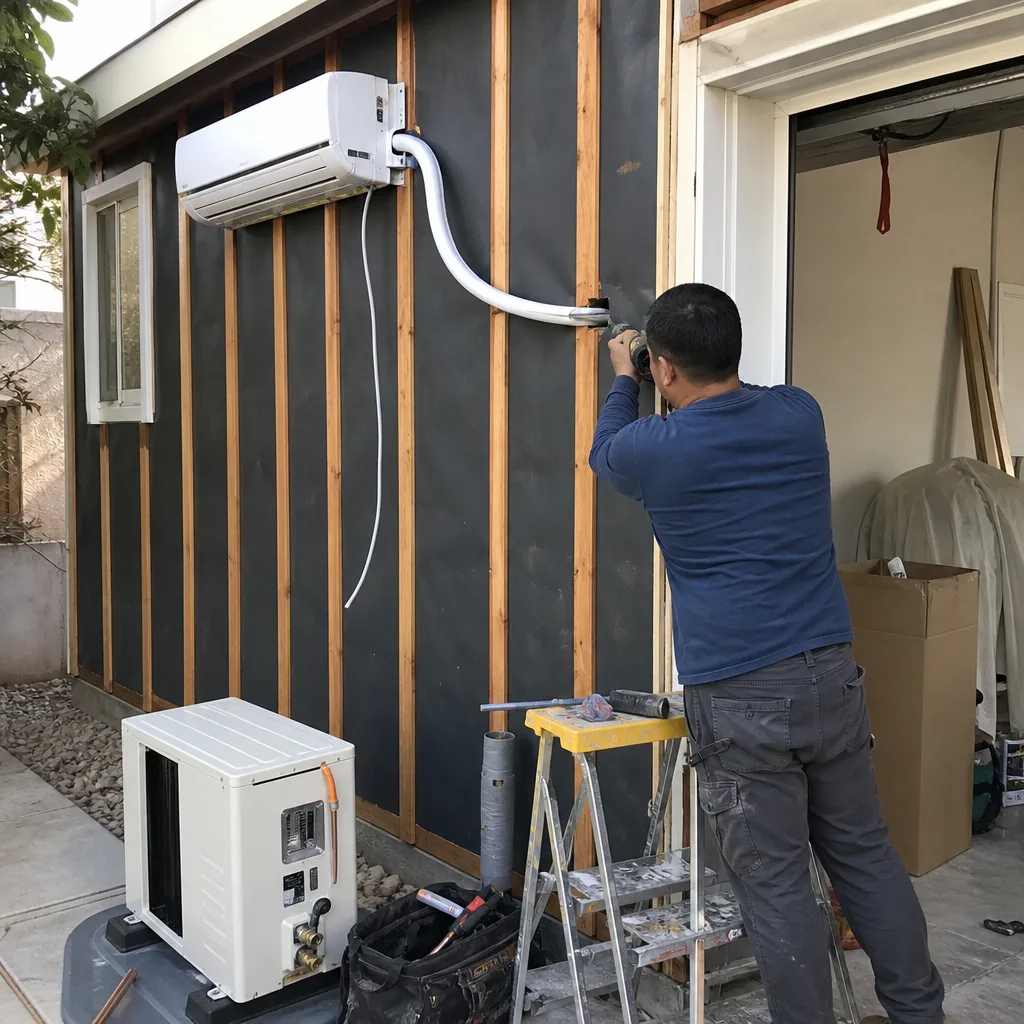 Contractor installing mini-split HVAC unit during garage conversion project