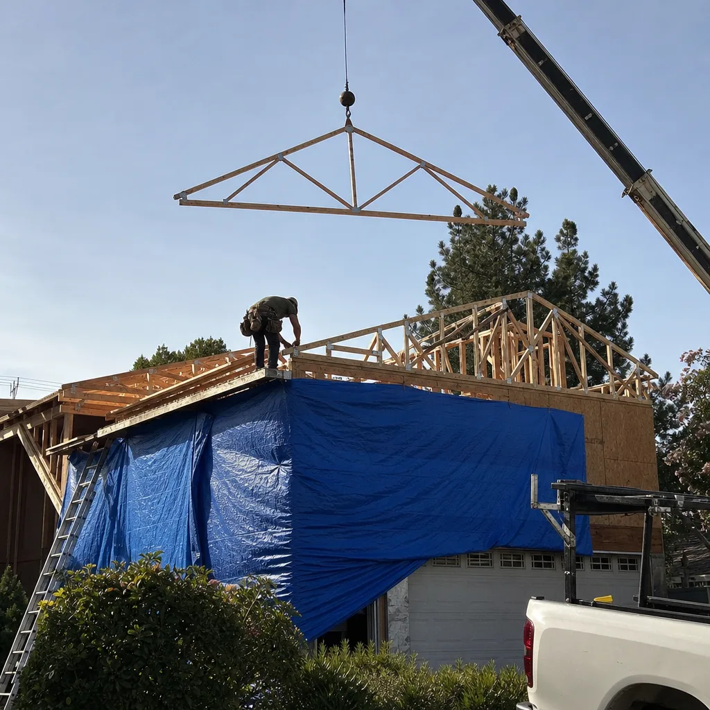 Construction contractor using a crane to install wooden roof trusses