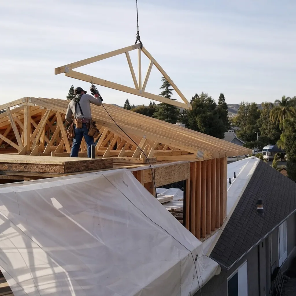 Contractor installing wooden roof trusses for a residential home addition project