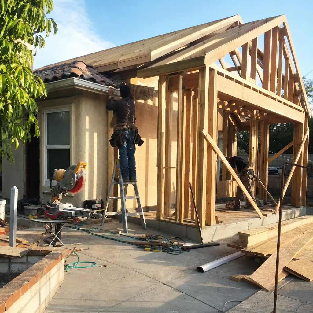 Contractors building a wooden home addition frame on a construction site.