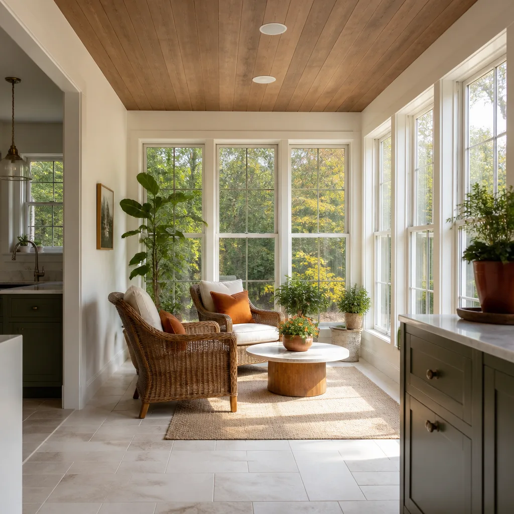 A new sunroom addition with three walls of windows