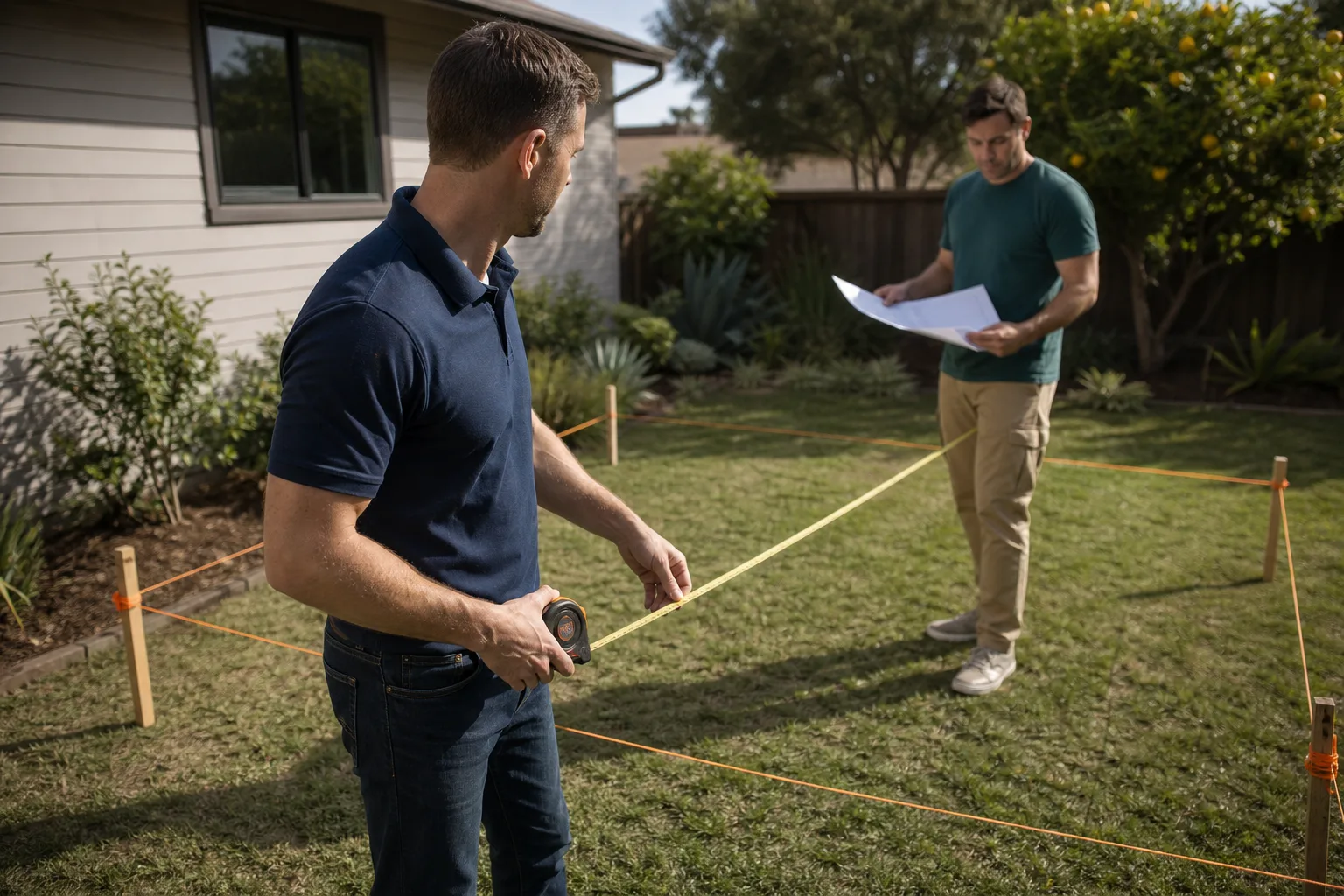 A project lead measuring a backyard ADU site with the homeowner